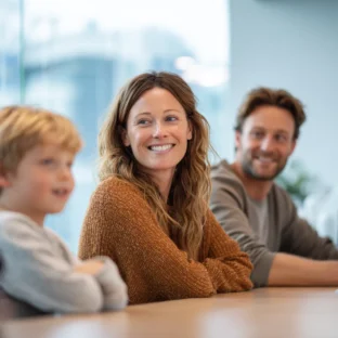 A mother is sat in between her husband and son in a smart office looking relaxed and happy for a consultation