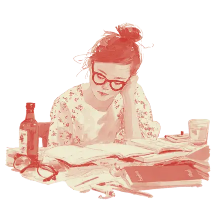 watercolour illustration of girl studying with books on table