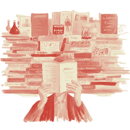 watercolour illustration of child with books surrounding