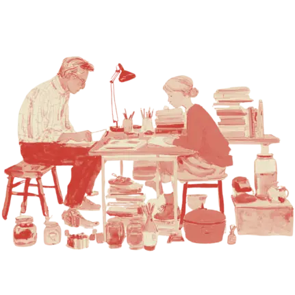 Watercolour illustration of tutor and child in classroom