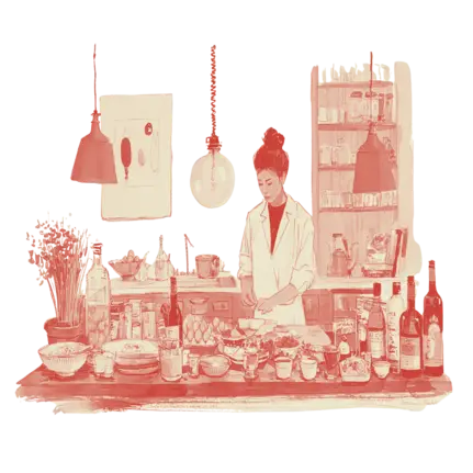 watercolour illustration of chef cooking in well stocked kitchen