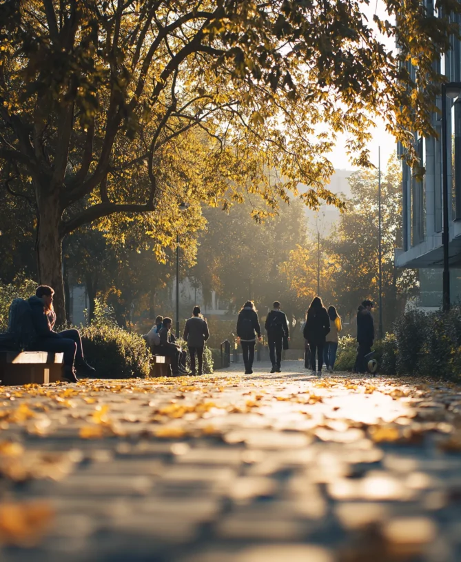 students walking through autumn leaves on university campus