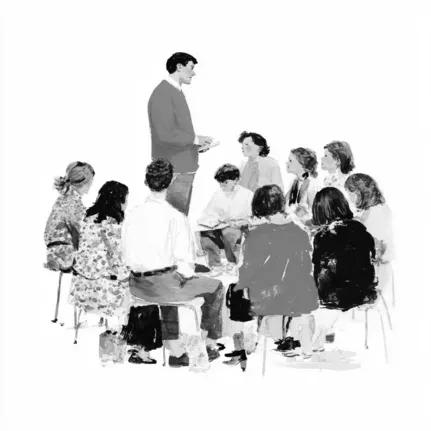 Illustration of a teacher in the middle of a circle of students and parents