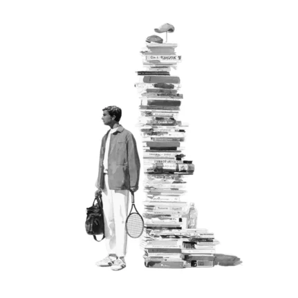 Tennis athlete and stack of books next to him