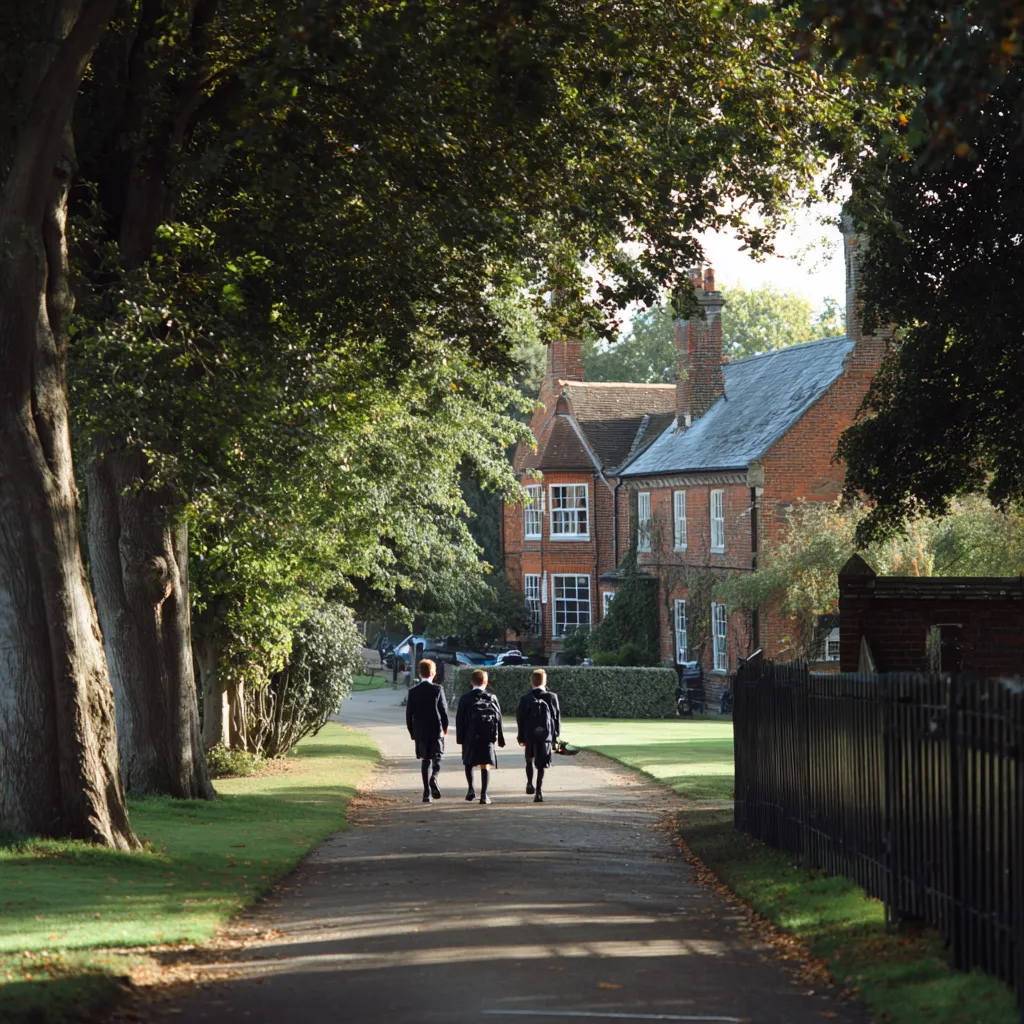Children walking to school through a leafy alley. Beautiful sunlight and early morning.