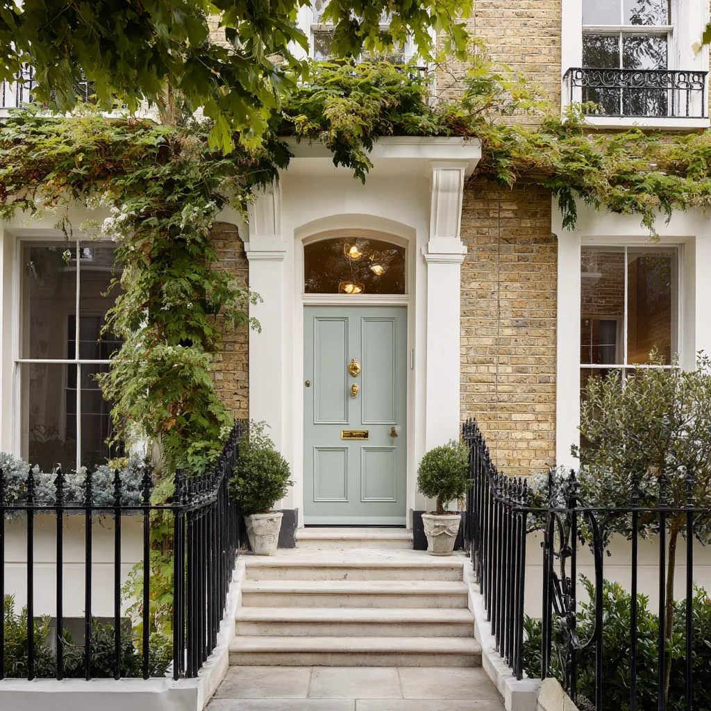 Front door of an expensive London townhouse. Ivy around the door and black railings.