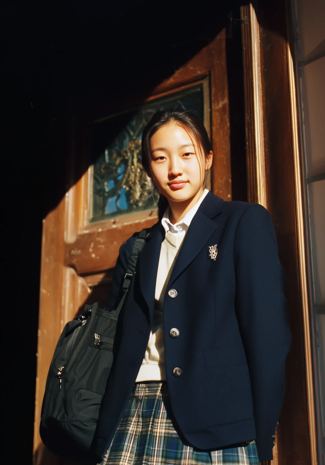 Asian Teenage Girl wearing a navy school blazer and tartan skirt