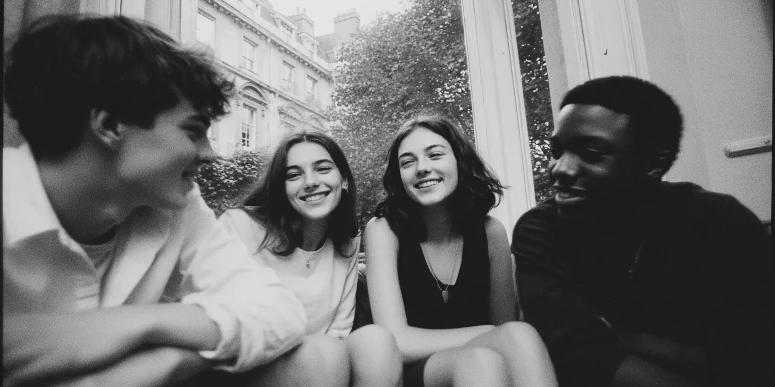 A candid photograph of a group of teenagers sitting at Lionheart school