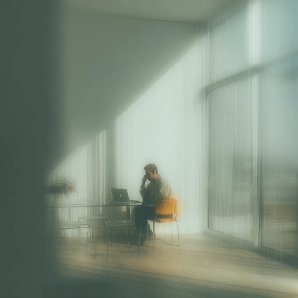 Candid blurry photograph of a consultant taking a call in a modern room