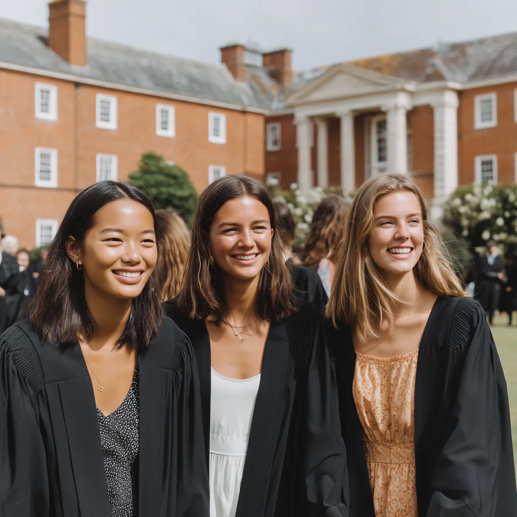 Three female students wearing black gowns graduation day