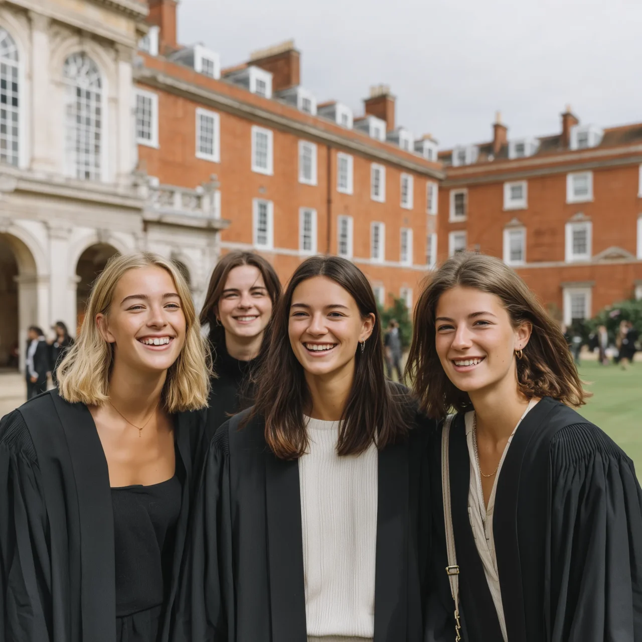 Four female students wearing black gowns and caps in university green square