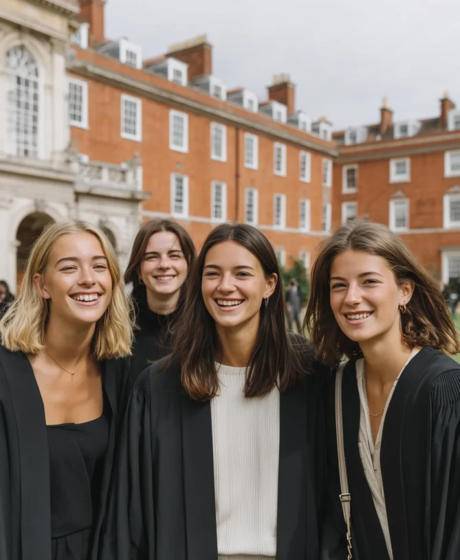 Four female students wearing black gowns and caps in university green square