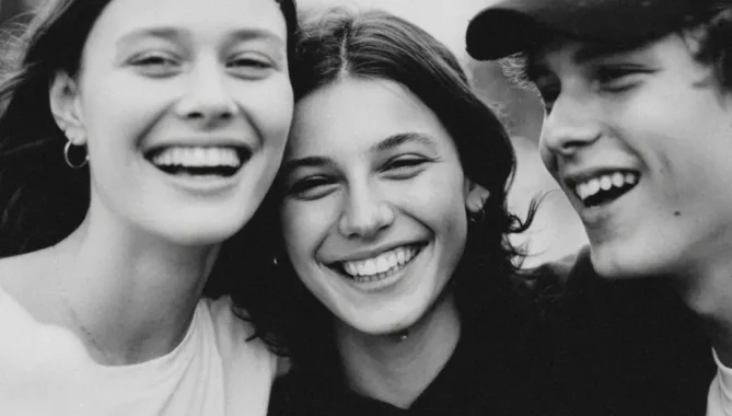 Three happy teenagers hugging and smiling. Two girls wearing simple jumpers and a handsome teenager wearing a baseball cap.