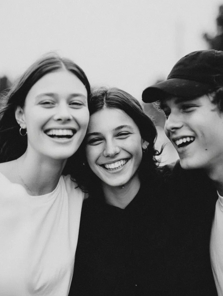 Three happy teenagers hugging and smiling. Two girls wearing simple jumpers and a handsome teenager wearing a baseball cap.