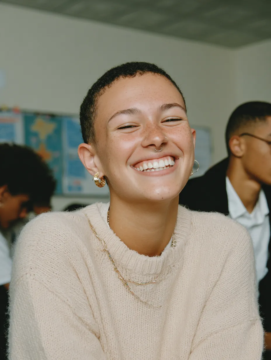 Happy teenager in a classroom. She has short cropped hair and wears a beige cashmere jumper.