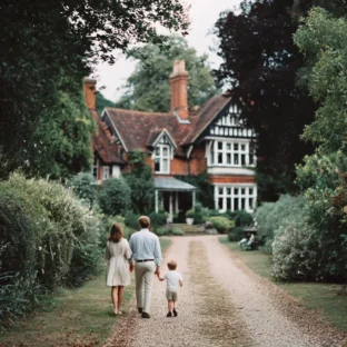 Elegant candid lifestyle photography of family in front of British country house