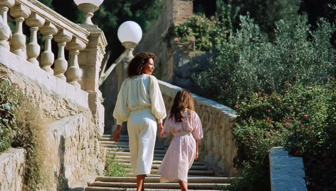 Mother and daughter walking up some steps of an Italian style villa