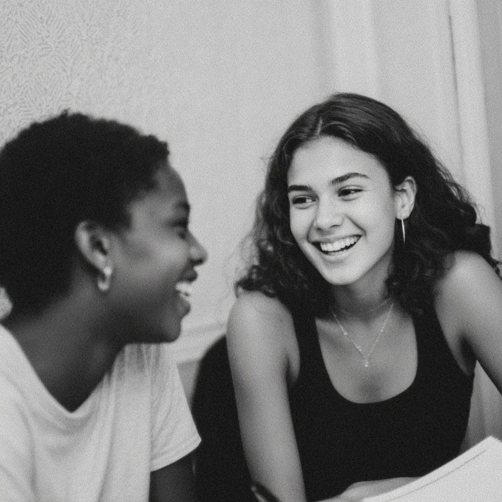 Black and white photography of white and black teenage girls receiving tutoring in minimalist townhouse