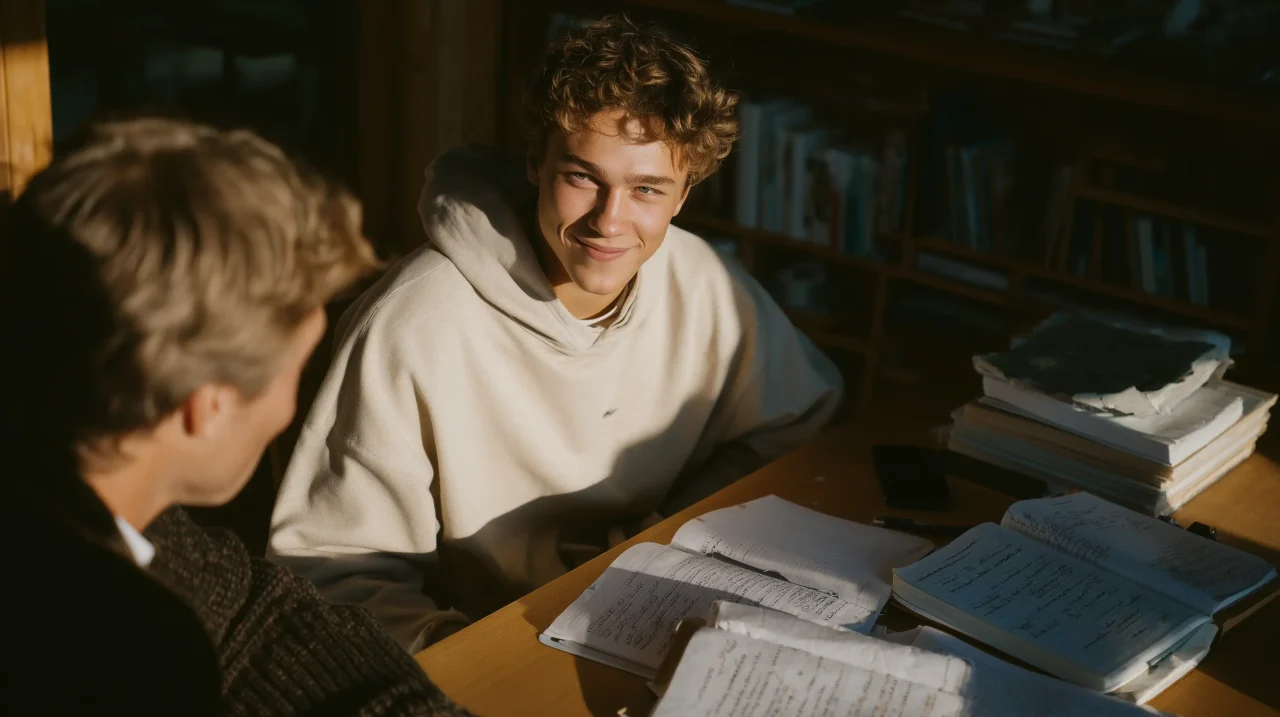 European teenager sitting at a wooden table in a cozy home interior. He is enthusiastically looking at his tutor.