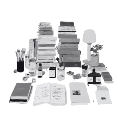 Books and notebook on desk with lamp