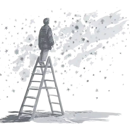 Boy going up some stairs towards stars