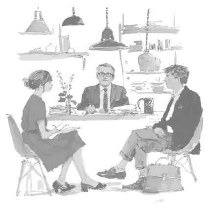 Illustration of parents and teacher in study