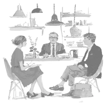 Illustration of parents and teacher in study