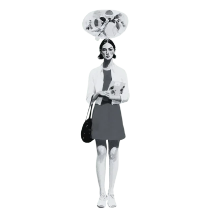 Illustration of girl thinking about ideas, whilst holding book and handbag