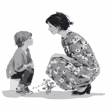 Illustration of kneeling lady and young child outside next to flowers