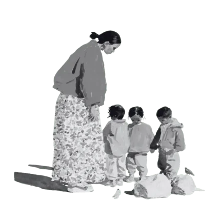 Illustration of nursery teacher with young infants around her
