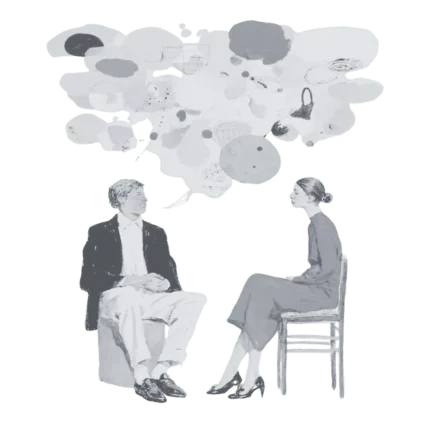Illustration of tutor meeting parent and discussing ideas word bubbles