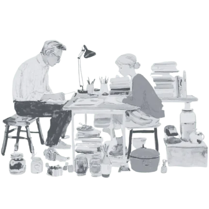 Tutor and young student in a busy cluttered study