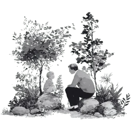 Illustration of tutor with child by tree outside