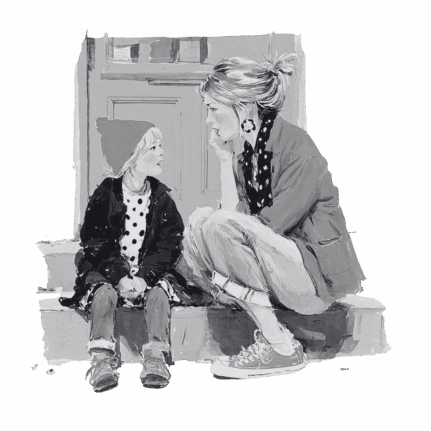 Illustration of young child and adult sat on a doorstep talking
