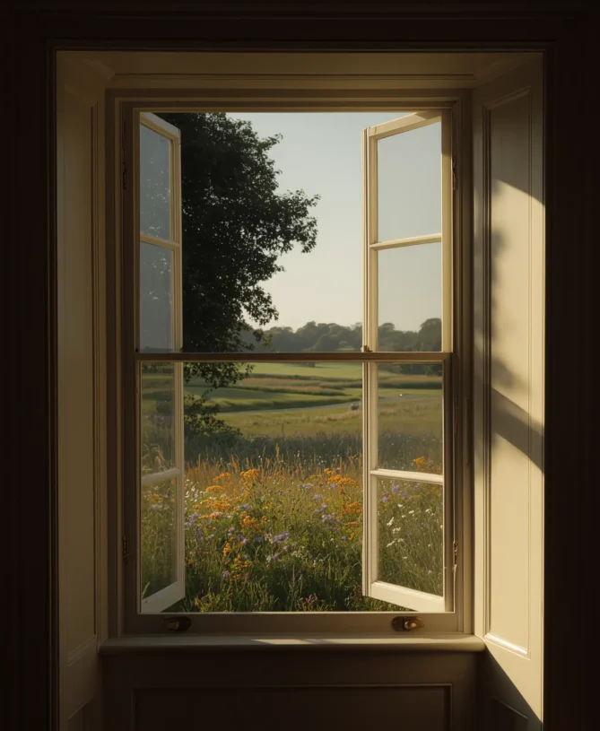 Open sash window looking out to lush green British countryside