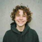 Teenager with curly hair wearing black hoodie and smiling