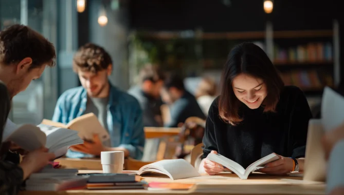 Students in a library sat at desk smiling whilst reading books