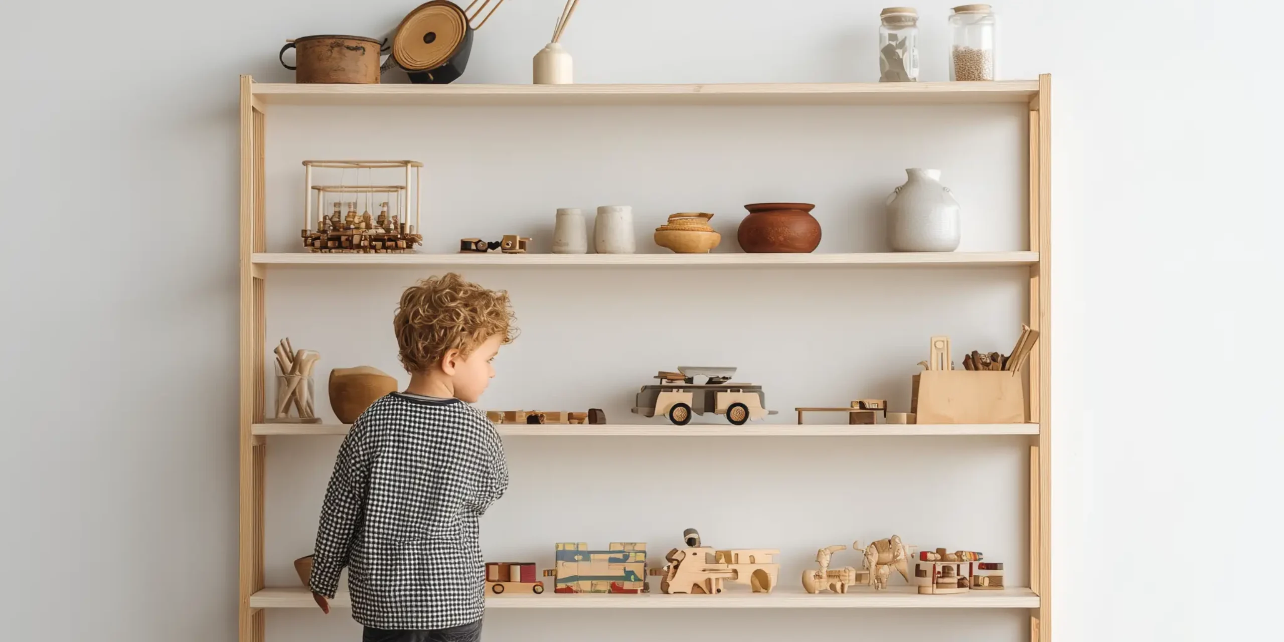 Young child in front of a shelf of wooden toys at minimalist nursery