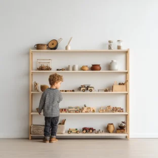 Young child in front of a shelf of wooden toys at minimalist nursery