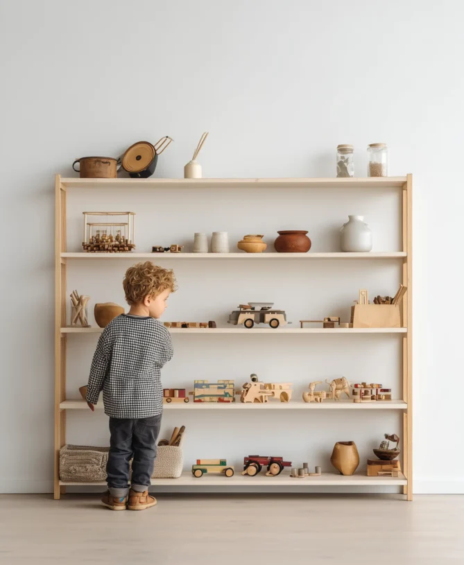 Young child in front of a shelf of wooden toys at minimalist nursery
