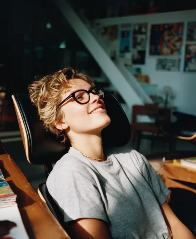 Young woman seemingly in her twenties with glasses reclines on an armchair in her bedroom