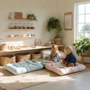 Interior picture of Montessori setting. Two children sit on cushions and read