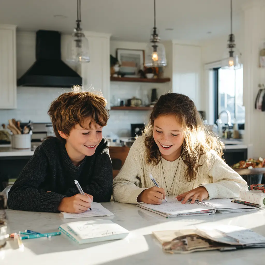 Two siblings sit side by side in a modern kitchen
