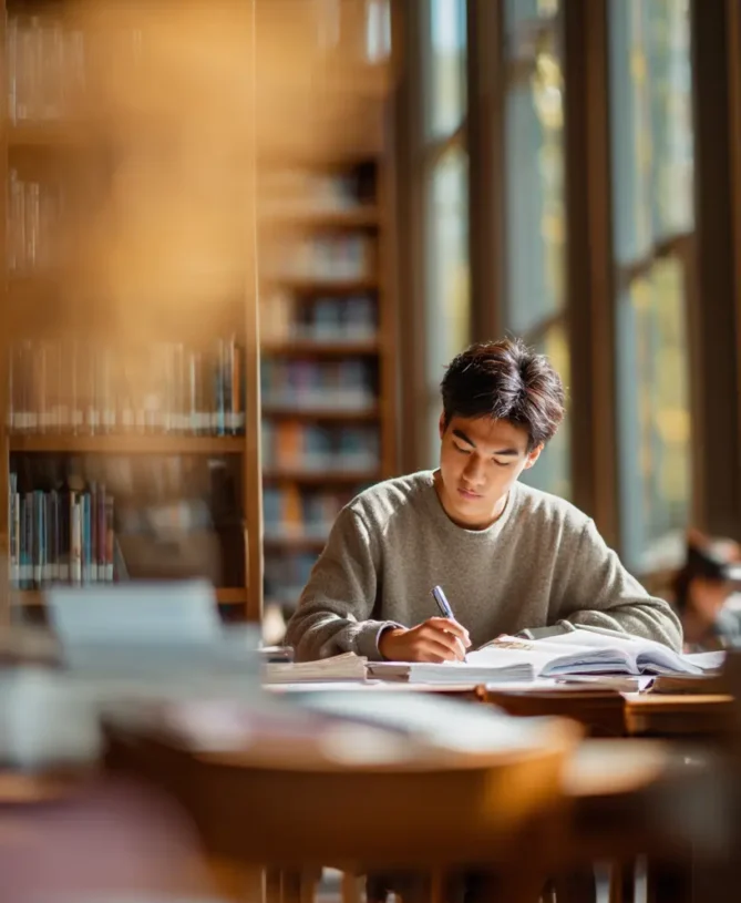 Focused young asian student male sat in bright and modern library studying