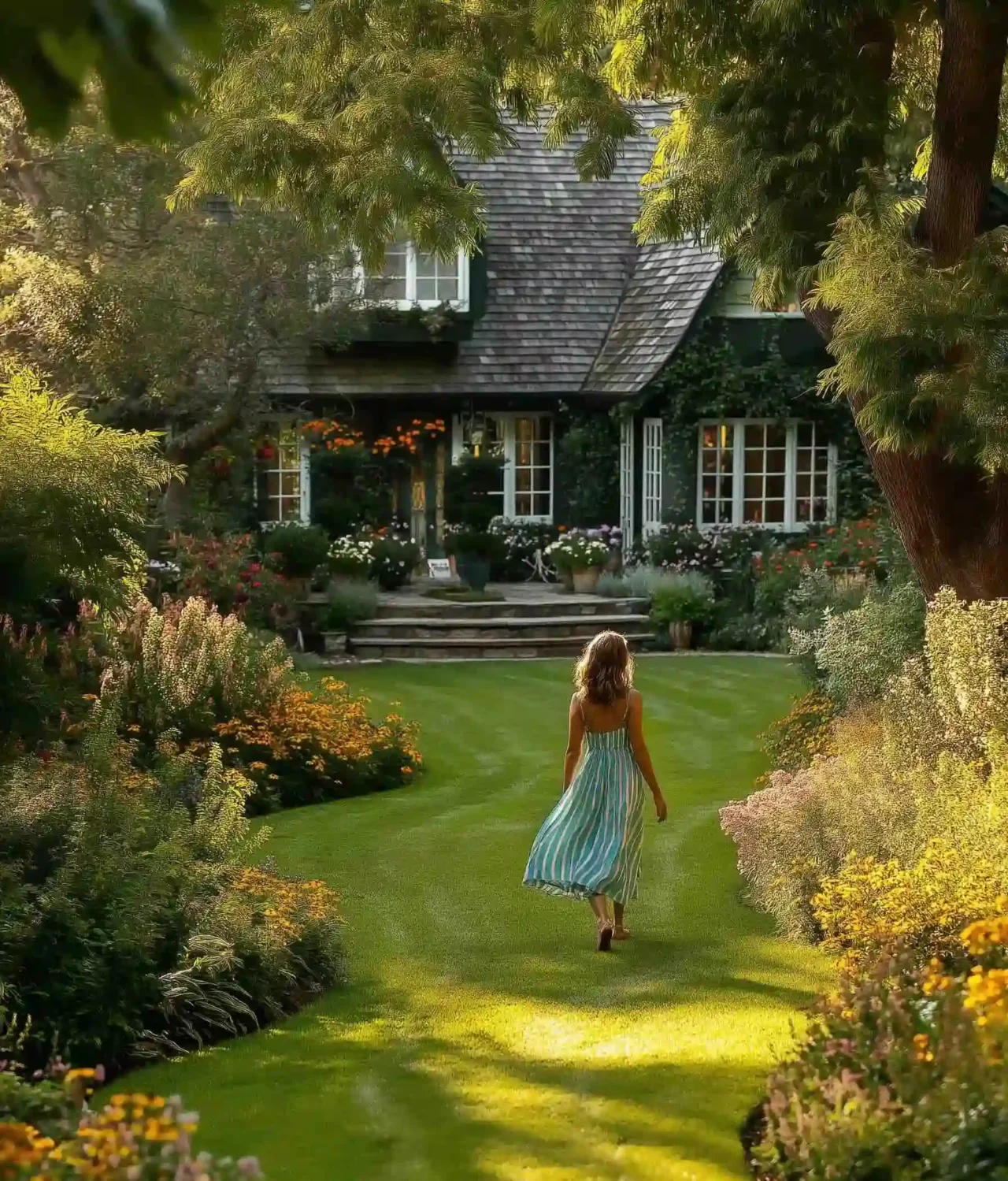 Young girl walking through trimmed garden lawn with flowers