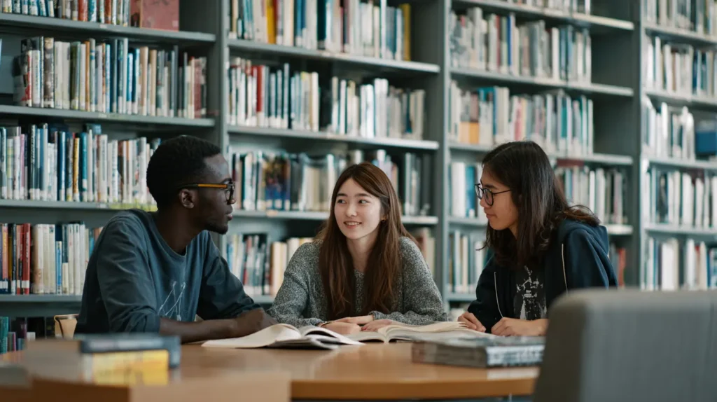 Three students of different races sit in a university library table and talk