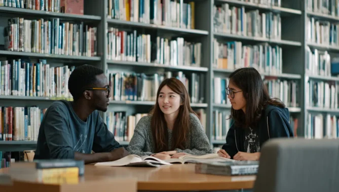 Three students of different races sit in a university library table and talk