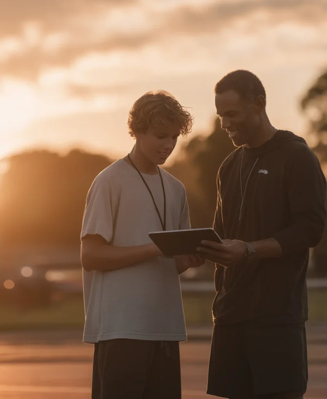 Coach and student stand whilst discussing a checklist
