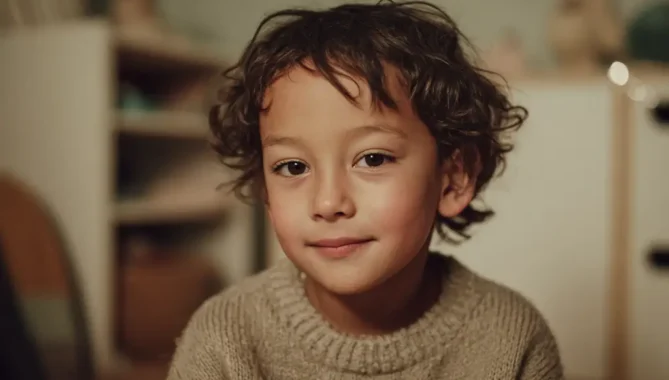 Close up of a 5 year old boy sitting in his cosy classroom