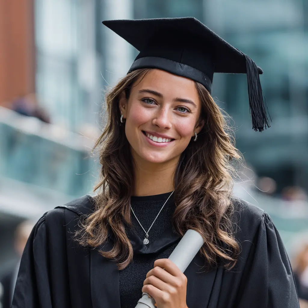 Female student wearing graduation cap and holding diploma